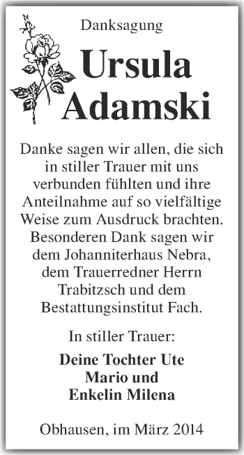 Traueranzeige von Ursula Adamski von WVG - Wochenspiegel Merseburg