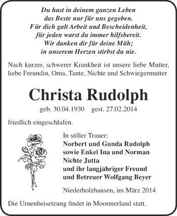 Traueranzeige von Christa Rudolph von WVG - Wochenspiegel NMB / WSF / ZTZ