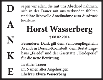 Traueranzeige von Horst Wasserberg von Super Sonntag Dessau / Köthen