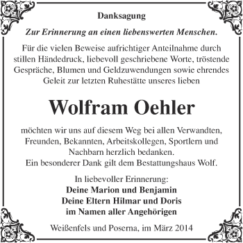 Traueranzeige von Wolfram Oehler von WVG - Wochenspiegel NMB / WSF / ZTZ