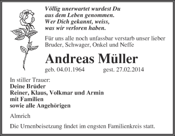 Traueranzeige von Andreas Müller von WVG - Wochenspiegel NMB / WSF / ZTZ