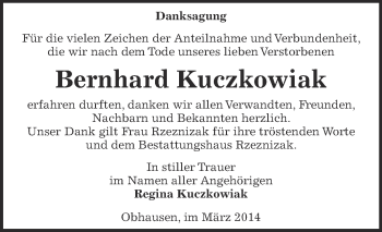 Traueranzeige von Bernhard Kuczkowiak von Super Sonntag SGH Mansf. Land