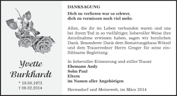 Traueranzeige von Yvette Burkhardt von Super Sonntag Zeitz