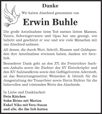 Traueranzeige von Erwin Buhle von Super Sonntag Bernburg