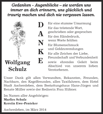 Traueranzeige von Wolfgang Schulz von Super Sonntag Aschersleben