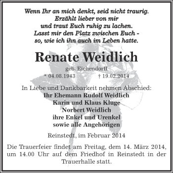 Traueranzeige von Renate Weidlich von Super Sonntag Aschersleben