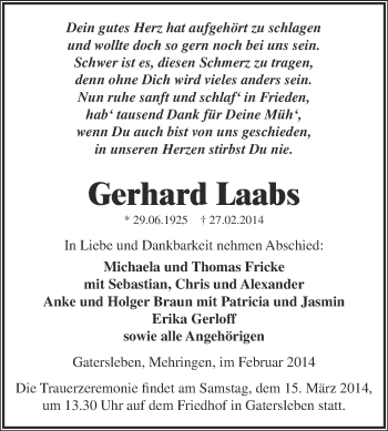 Traueranzeige von Gerhard Laabs von Super Sonntag Aschersleben