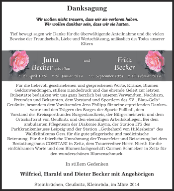 Traueranzeige von Jutta Becker von Super Sonntag Zeitz