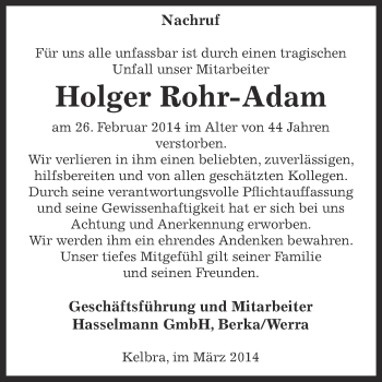 Traueranzeige von Holger Rohr-Adam von Super Sonntag SGH Mansf. Land