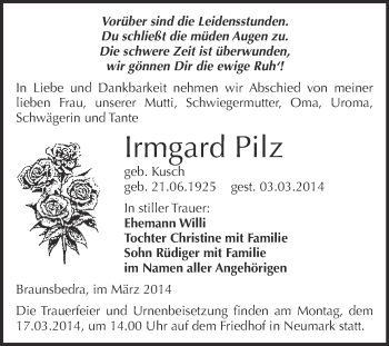 Traueranzeige von Irmgard Pilz von WVG - Wochenspiegel Merseburg