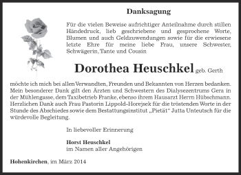 Traueranzeige von Dorothea Heuschkel von Super Sonntag Zeitz