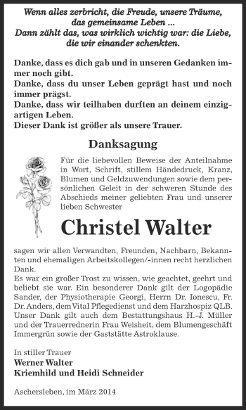 Traueranzeige von Christel Walter von Super Sonntag Aschersleben