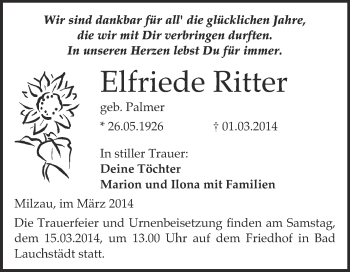 Traueranzeige von Elfriede Ritter von WVG - Wochenspiegel Merseburg