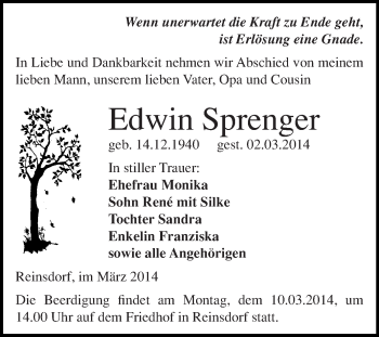 Traueranzeige von Edwin Sprenger von WVG - Wochenspiegel Merseburg