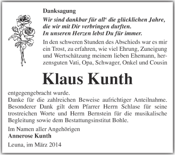 Traueranzeige von Klaus Kunth von Super Sonntag Merseburg