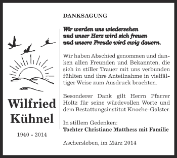 Traueranzeige von Wilfried Kühnel von Super Sonntag Aschersleben