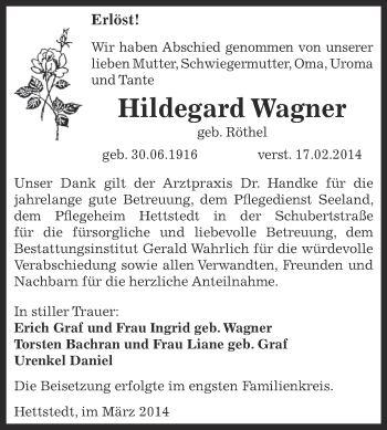 Traueranzeige von Hildegard Wagner von Wochenspiegel Mansfelder Land