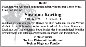 Traueranzeige von Susanna Körting von Super Sonntag Dessau / Köthen