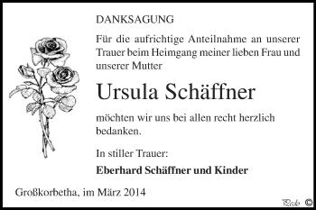 Traueranzeige von Ursula Schäffner von WVG - Wochenspiegel NMB / WSF / ZTZ