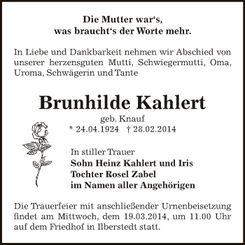 Traueranzeige von Brunhilde Kahlert von Super Sonntag Bernburg