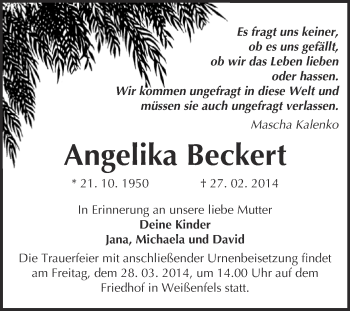 Traueranzeige von Angelika Beckert von WVG - Wochenspiegel NMB / WSF / ZTZ
