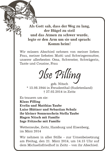 Traueranzeige von Ilse Pilling von Super Sonntag Zeitz