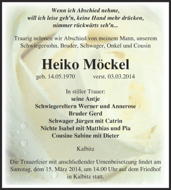 Traueranzeige von Heiko Möckel von WVG - Wochenspiegel NMB / WSF / ZTZ