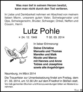 Traueranzeige von Lutz Pohle von WVG - Wochenspiegel NMB / WSF / ZTZ