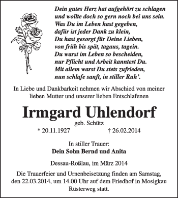 Traueranzeige von Irmgard Uhlendorf von Super Sonntag Dessau / Köthen