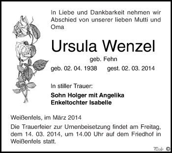 Traueranzeige von Ursula Wenzel von WVG - Wochenspiegel NMB / WSF / ZTZ