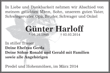 Traueranzeige von Günter Harloff von Super Sonntag Zeitz