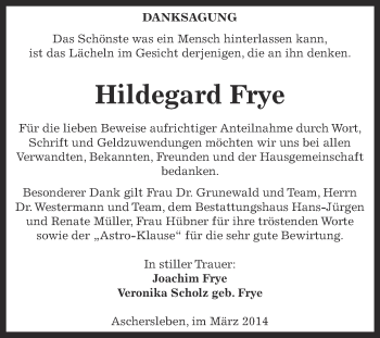 Traueranzeige von Hildegard Frye von Super Sonntag Aschersleben