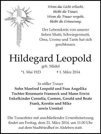 Traueranzeige von Hildegard Leopold von Super Sonntag Quedlinburg