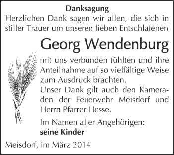 Traueranzeige von Georg Wendenburg von WVG - Wochenspiegel Quedlinburg