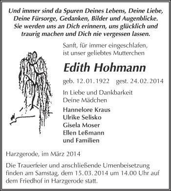 Traueranzeige von Edith Hohmann von Super Sonntag Quedlinburg