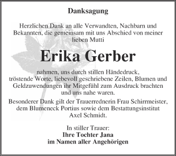 Traueranzeige von Erika Gerber von WVG - Wochenspiegel NMB / WSF / ZTZ