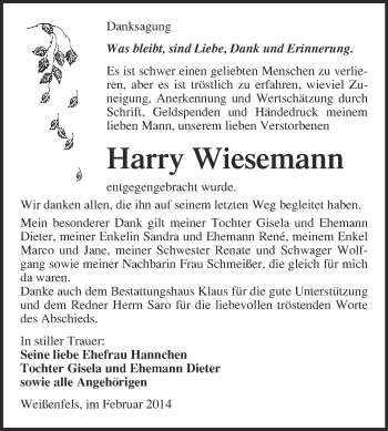 Traueranzeige von Harry Wiesemann von WVG - Wochenspiegel NMB / WSF / ZTZ