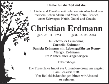 Traueranzeige von Christian Erdmann von WVG - Wochenspiegel NMB / WSF / ZTZ