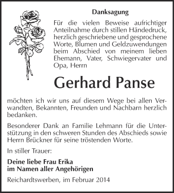 Traueranzeige von Gerhard Panse von WVG - Wochenspiegel NMB / WSF / ZTZ