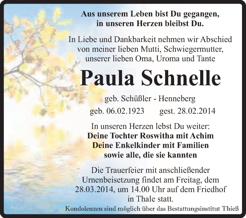  Traueranzeige für Paula Schnelle vom 09.03.2014 aus Super Sonntag Quedlinburg