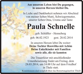 Traueranzeige von Paula Schnelle von Super Sonntag Quedlinburg