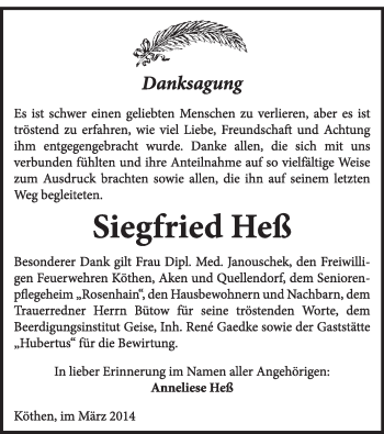 Traueranzeige von Siegfried Heß von Super Sonntag Dessau / Köthen
