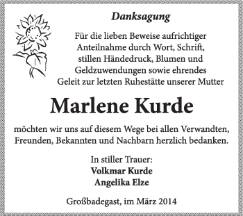 Traueranzeige von Marlene Kurde von Super Sonntag Dessau / Köthen