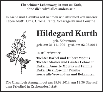 Traueranzeige von Hildegard Kurth von WVG - Wochenspiegel Bitterfeld