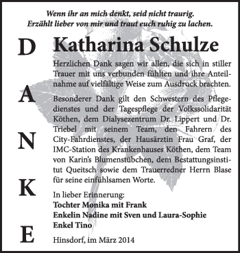 Traueranzeige von Katharina Schulze von Super Sonntag Dessau / Köthen