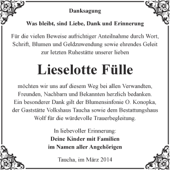 Traueranzeige von Lieselotte Fülle von WVG - Wochenspiegel NMB / WSF / ZTZ