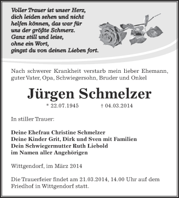 Traueranzeige von Jürgen Schmelzer von Super Sonntag Zeitz