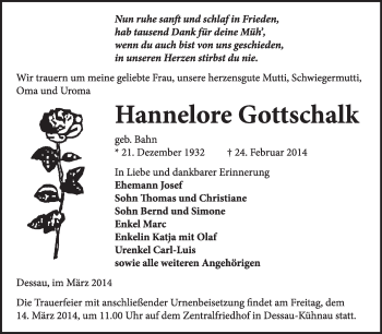 Traueranzeige von Hannelore Gottschalk von Super Sonntag Dessau / Köthen