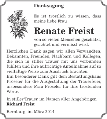 Traueranzeige von Renate Freist von Super Sonntag Bernburg