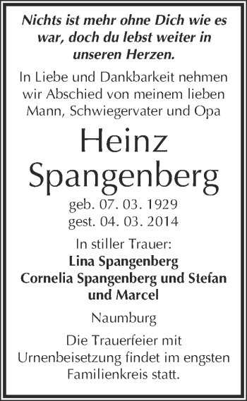 Traueranzeige von Heinz Spangenberg von WVG - Wochenspiegel NMB / WSF / ZTZ